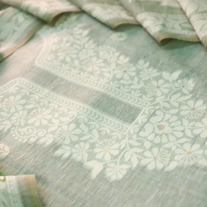 Rubina Ice Blue Authentic Jamdani Weaved Neck Chanderi Set