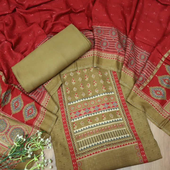 माहिया Hazel Beige Panel Print with Spiral Work in Soft Viscose Pashmina Set