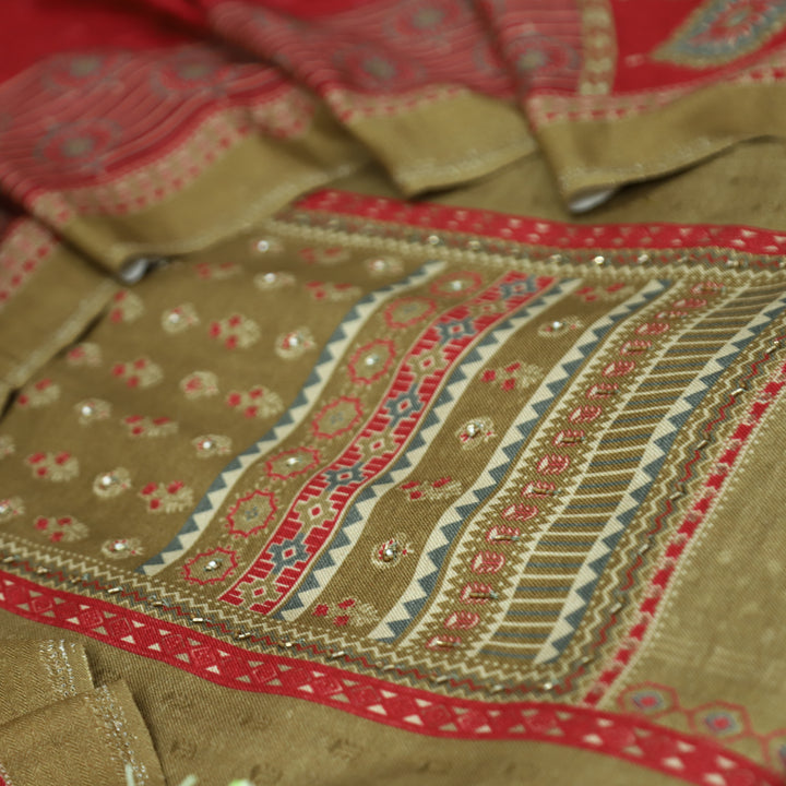 माहिया Hazel Beige Panel Print with Spiral Work in Soft Viscose Pashmina Set