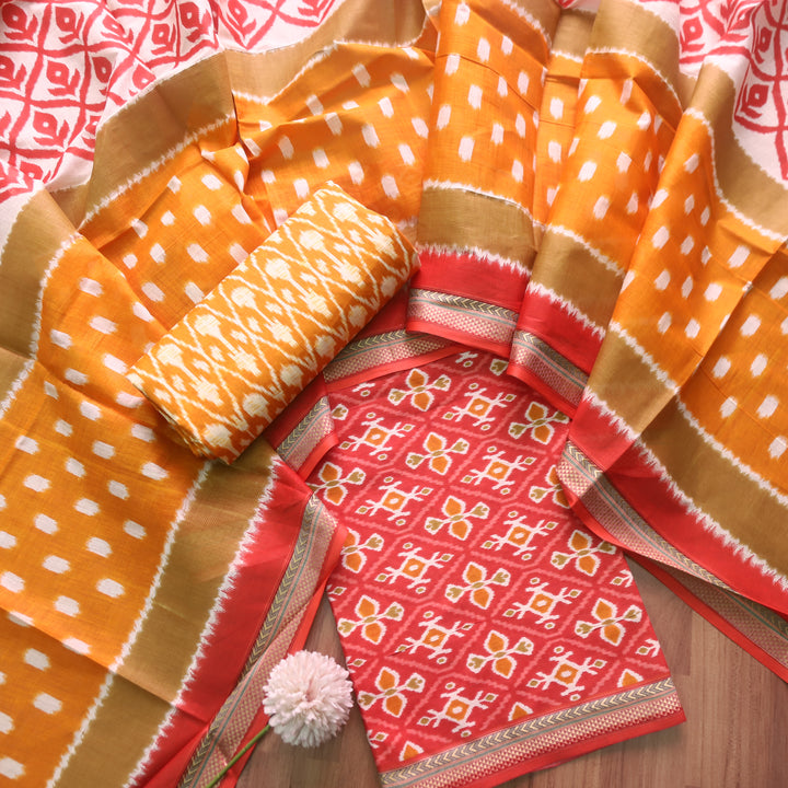 Kaasvi Barn Red Ikkat Printed Mangalgiri Hem Work Cotton Suit Set D2