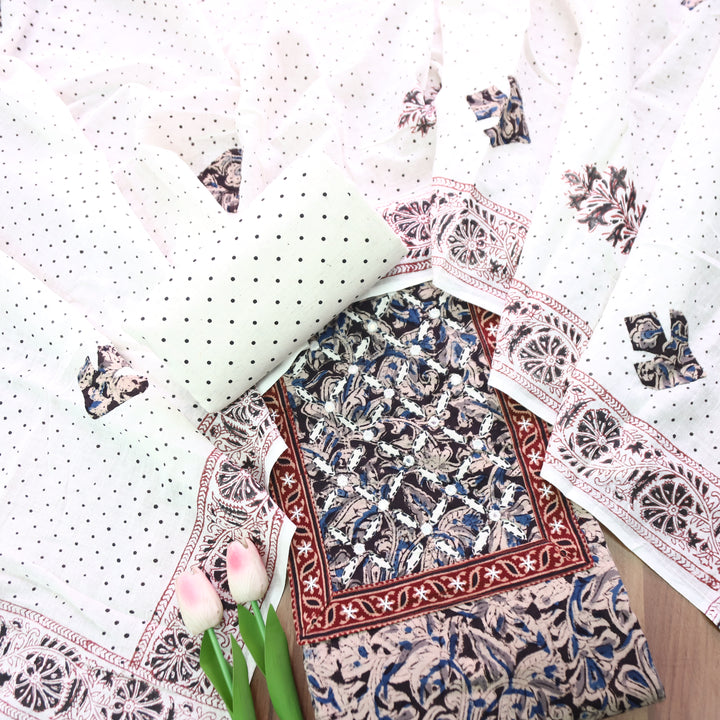 Nushrat Blue Black Kalamkari Printed Applique Cotton Set