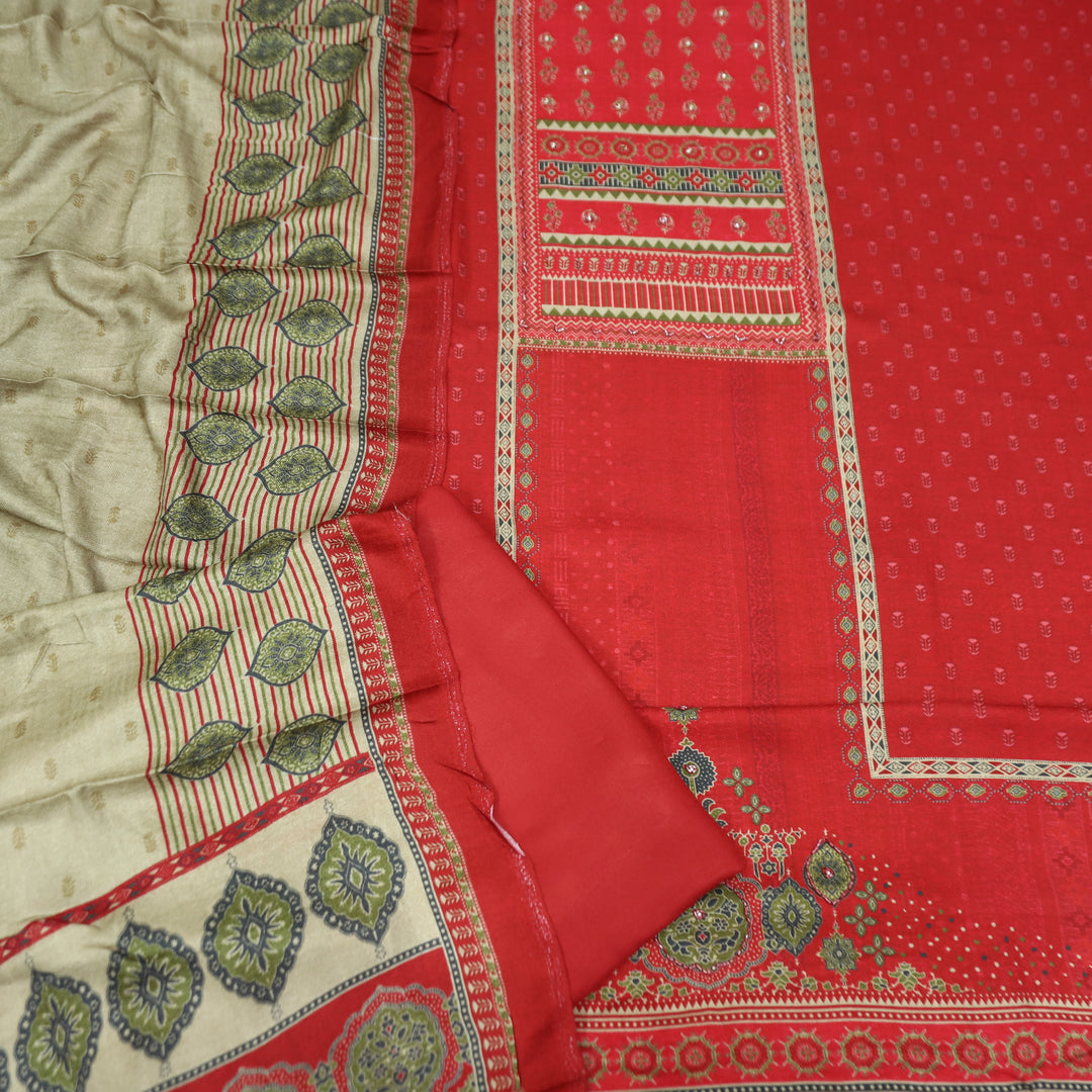 माहिया Cranberry Red Panel Print with Spiral Work in Soft Viscose Pashmina Set