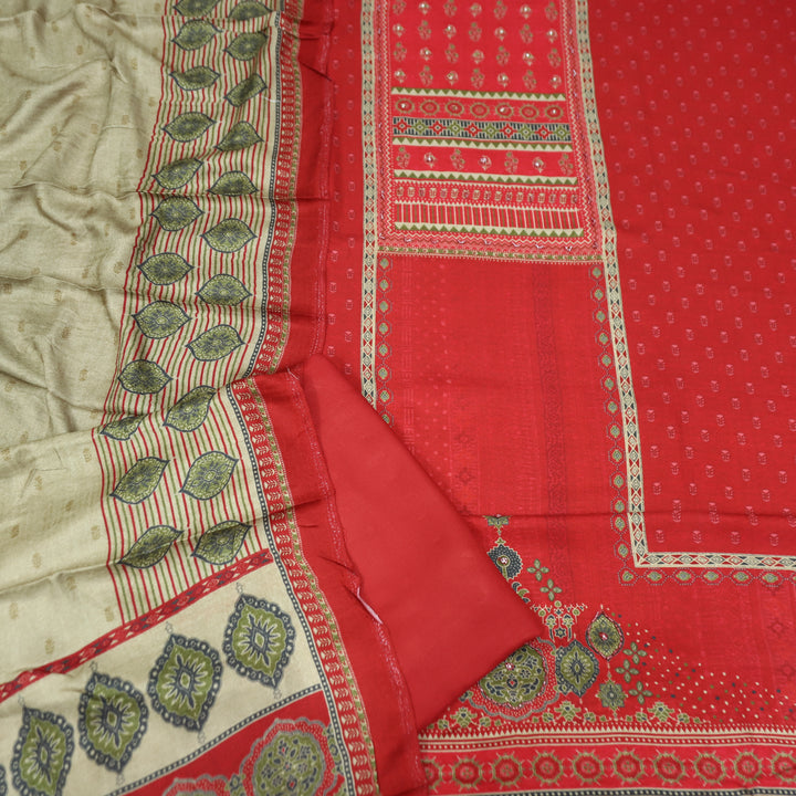 माहिया Cranberry Red Panel Print with Spiral Work in Soft Viscose Pashmina Set