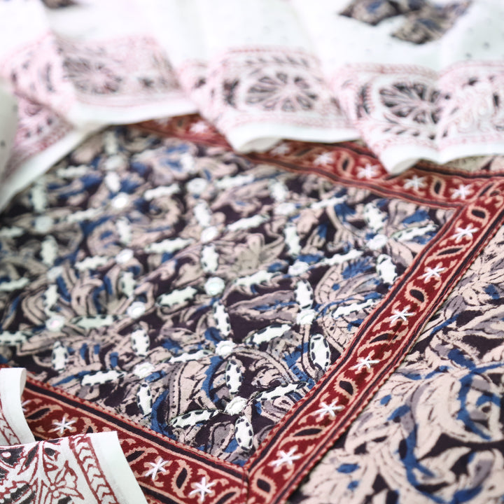 Nushrat Blue Black Kalamkari Printed Applique Cotton Set