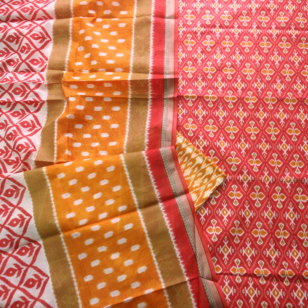 Kaasvi Barn Red Ikkat Printed Mangalgiri Hem Work Cotton Suit Set D2