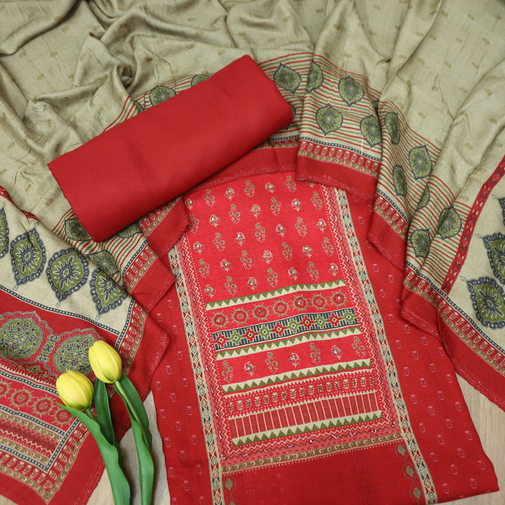 माहिया Cranberry Red Panel Print with Spiral Work in Soft Viscose Pashmina Set