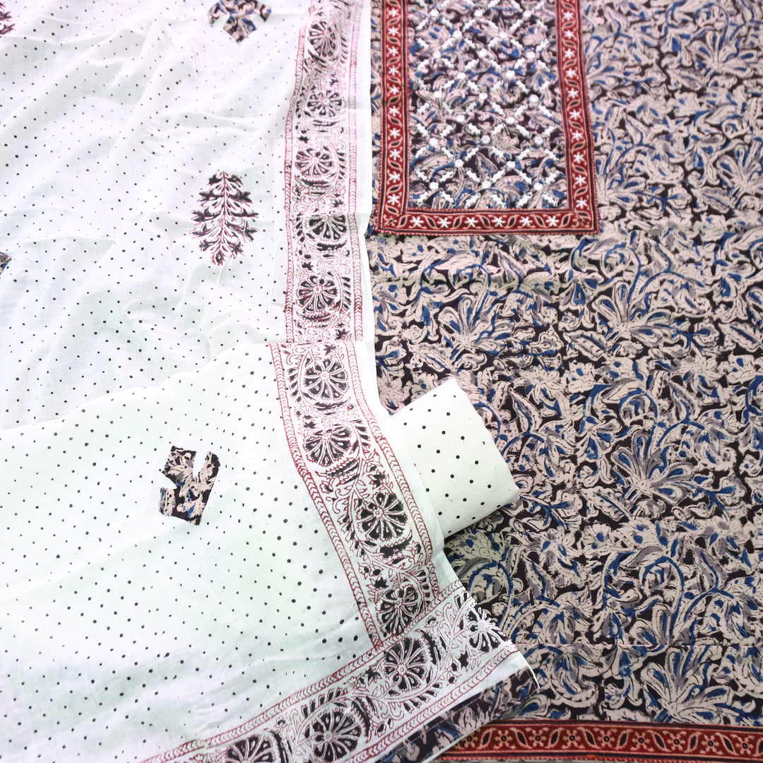 Nushrat Blue Black Kalamkari Printed Applique Cotton Set