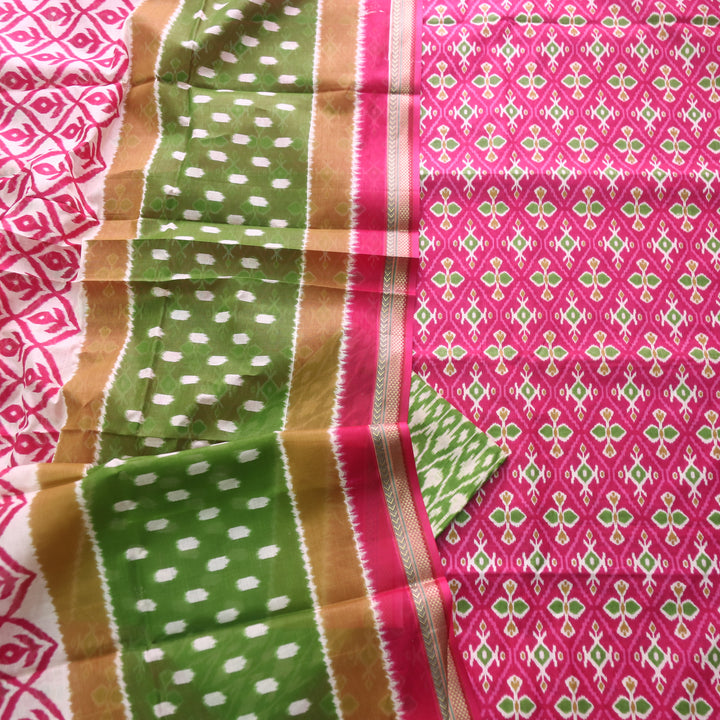 Kaasvi Bright Pink Ikkat Printed Mangalgiri Hem Work Cotton Suit Set D2