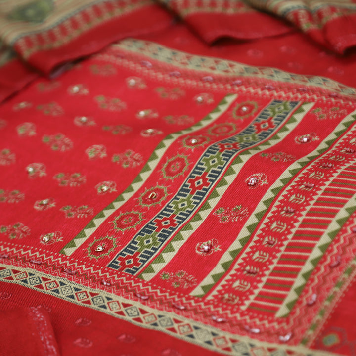 माहिया Cranberry Red Panel Print with Spiral Work in Soft Viscose Pashmina Set