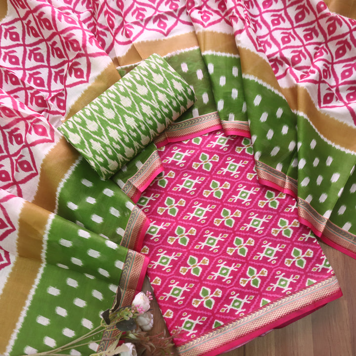 Kaasvi Bright Pink Ikkat Printed Mangalgiri Hem Work Cotton Suit Set D2