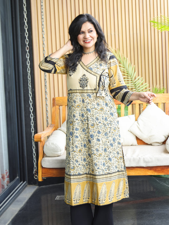 Zyara Beige Kalamakri Angrakha A-line Cotton Kurti