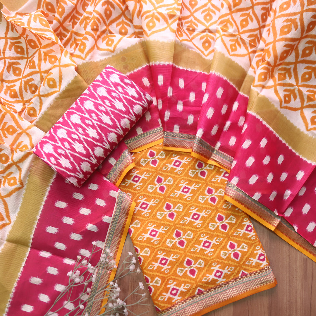 Kaasvi Orange Yellow Ikkat Printed Mangalgiri Hem Work Cotton Suit Set -D2
