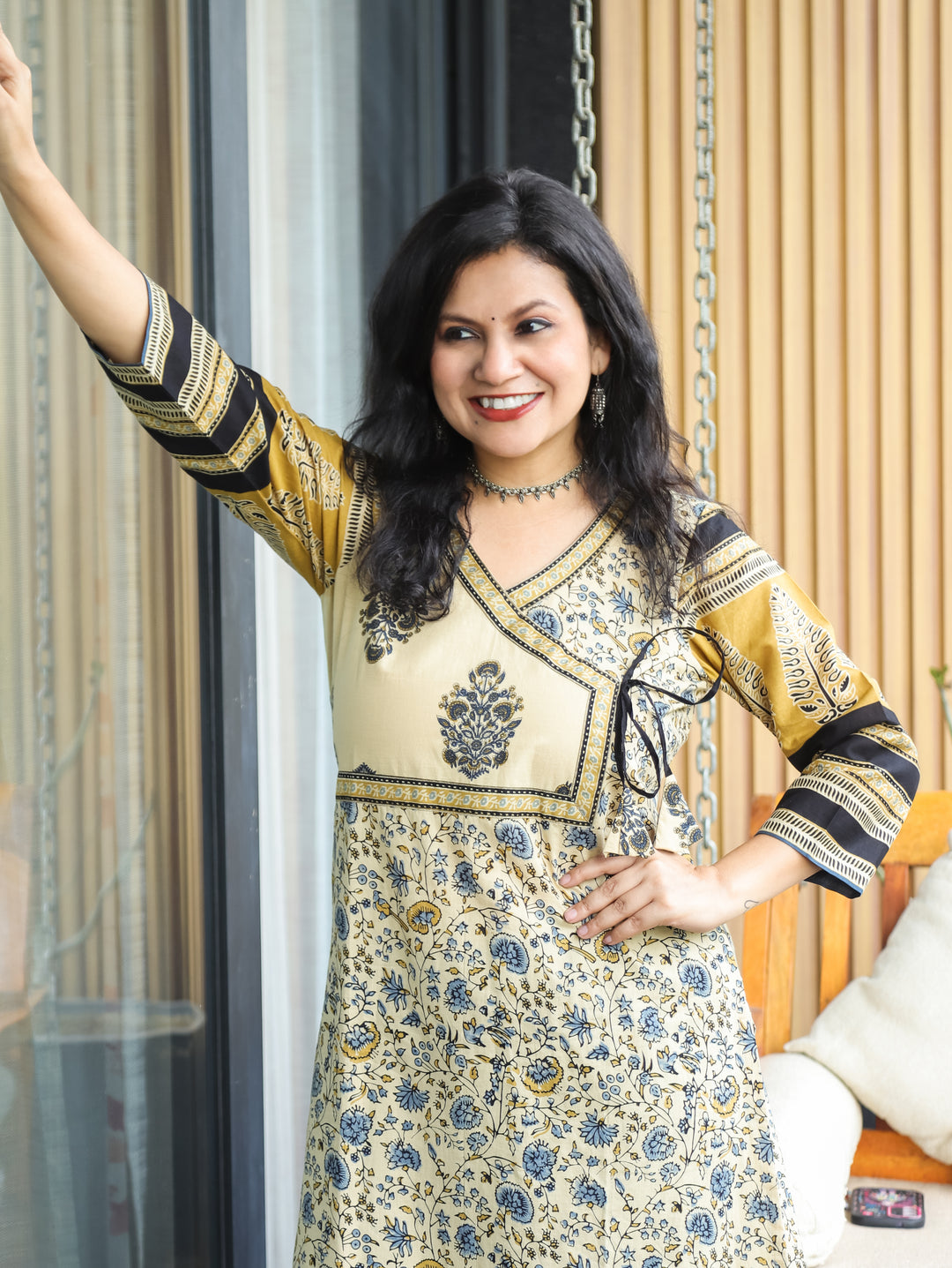 Zyara Beige Kalamakri Angrakha A-line Cotton Kurti