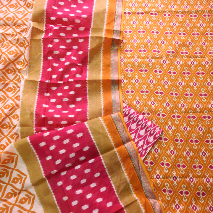 Kaasvi Orange Yellow Ikkat Printed Mangalgiri Hem Work Cotton Suit Set -D2