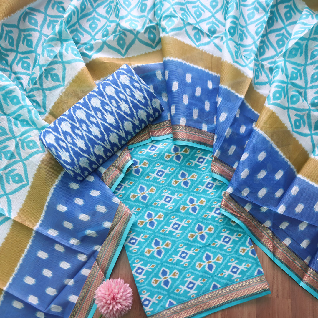 Kaasvi Aqua Blue Ikkat Printed Mangalgiri Hem Work Cotton Suit Set-D2