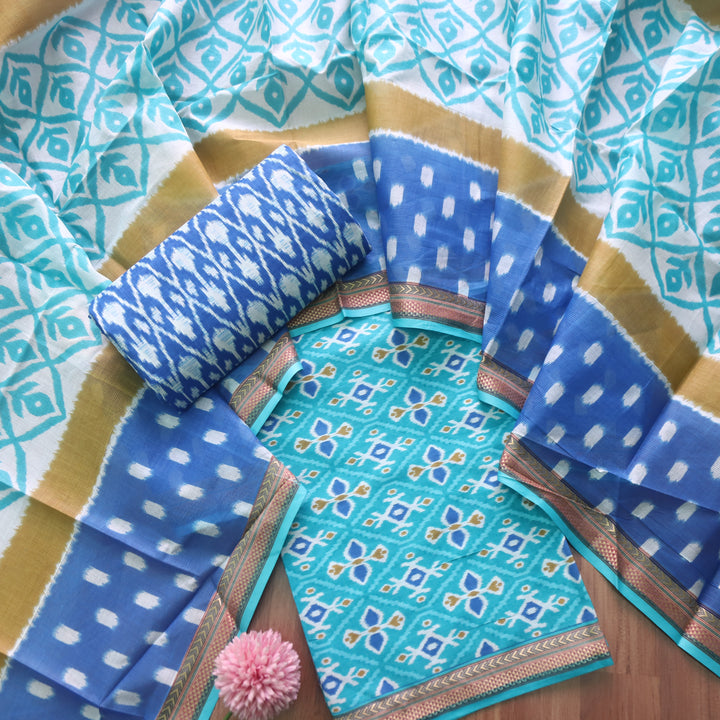 Kaasvi Aqua Blue Ikkat Printed Mangalgiri Hem Work Cotton Suit Set-D2