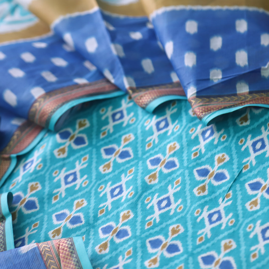 Kaasvi Aqua Blue Ikkat Printed Mangalgiri Hem Work Cotton Suit Set-D2