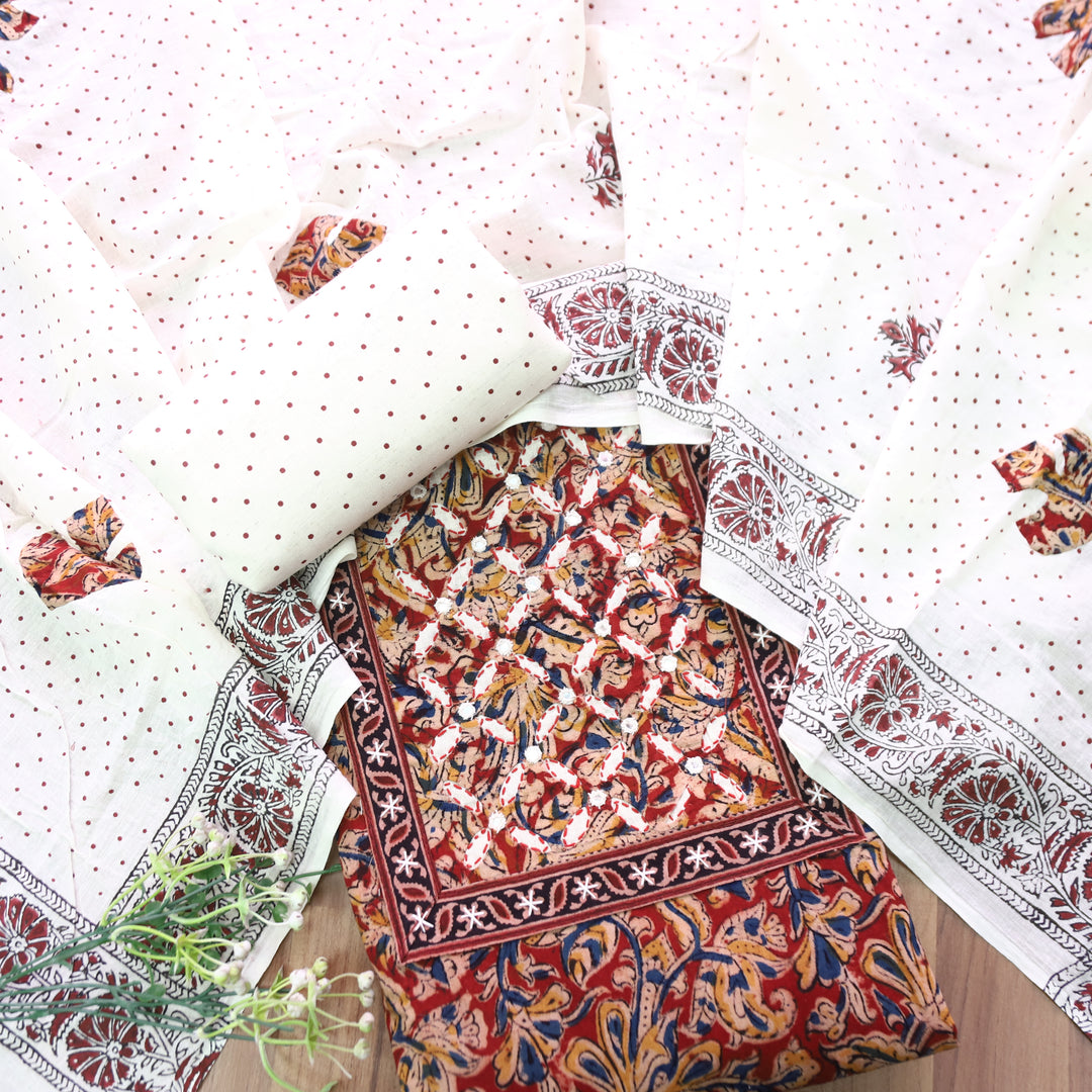 Nushrat Bride Red Kalamkari Printed Applique Cotton Set