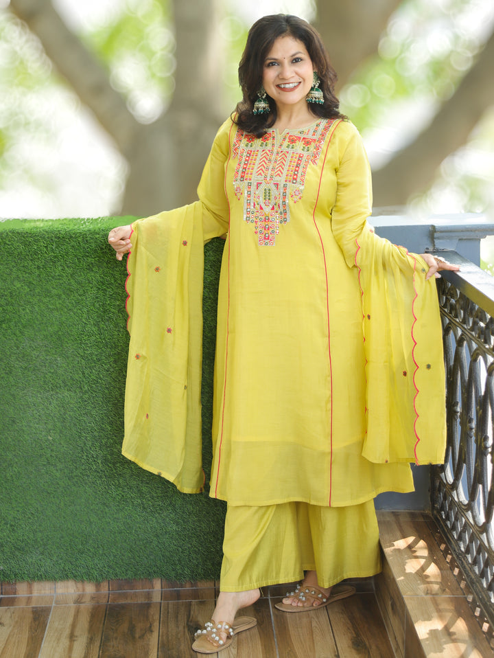 Kashviri Butter Yellow Embroidered Panel Style Mul Chanderi 3 Piece Set