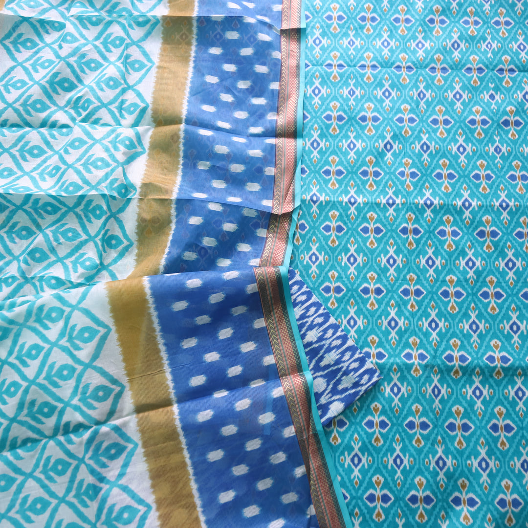 Kaasvi Aqua Blue Ikkat Printed Mangalgiri Hem Work Cotton Suit Set-D2