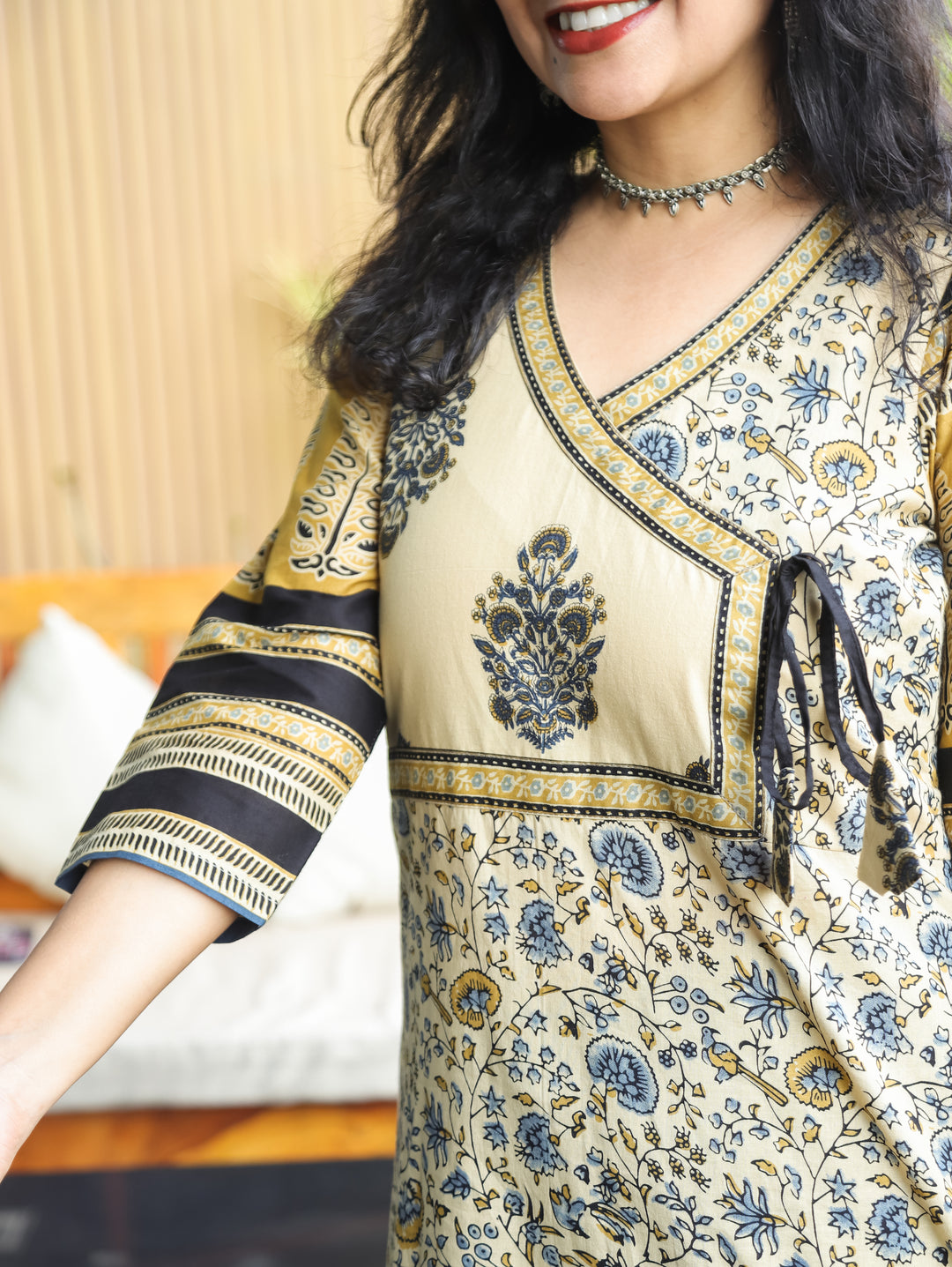 Zyara Beige Kalamakri Angrakha A-line Cotton Kurti