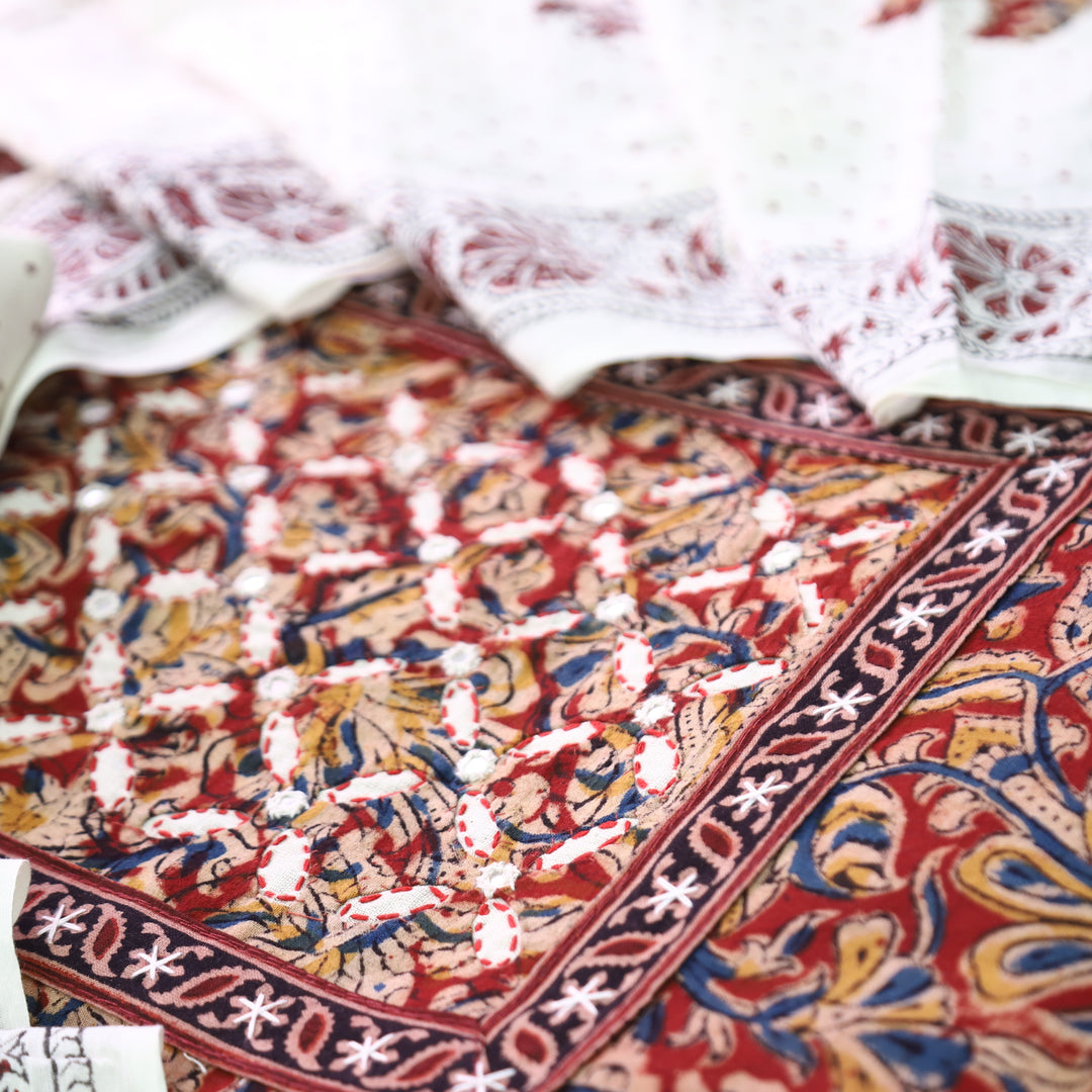 Nushrat Bride Red Kalamkari Printed Applique Cotton Set