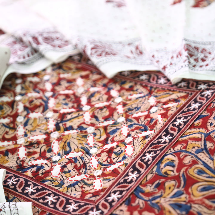 Nushrat Bride Red Kalamkari Printed Applique Cotton Set