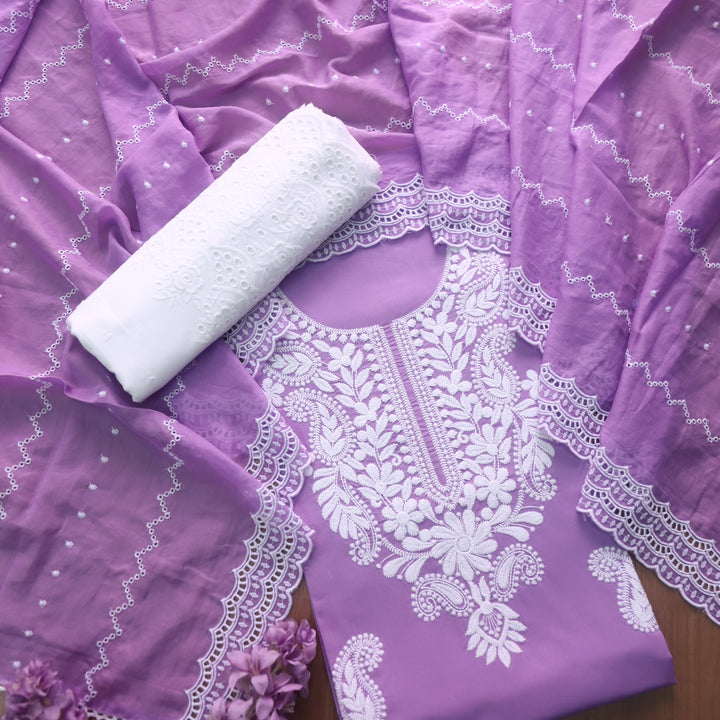 Nadaani Tulip Orchid Chikankari Inspired Neck Thread Work Cotton Suit Set