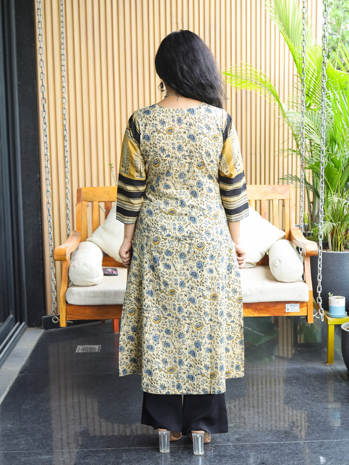 Zyara Beige Kalamakri Angrakha A-line Cotton Kurti