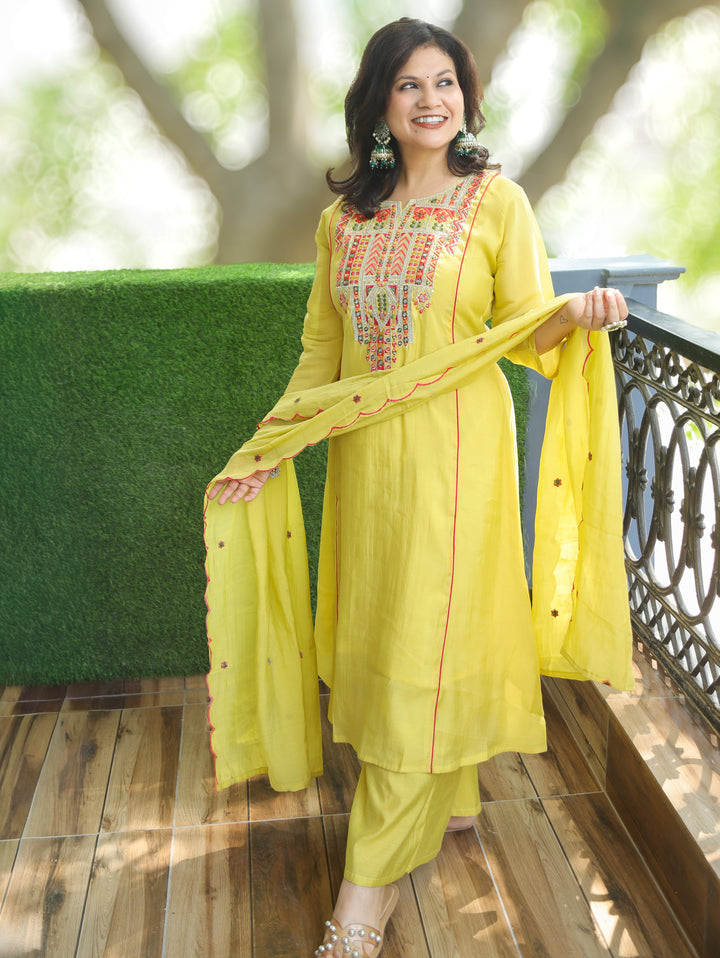 Kashviri Butter Yellow Embroidered Panel Style Mul Chanderi 3 Piece Set