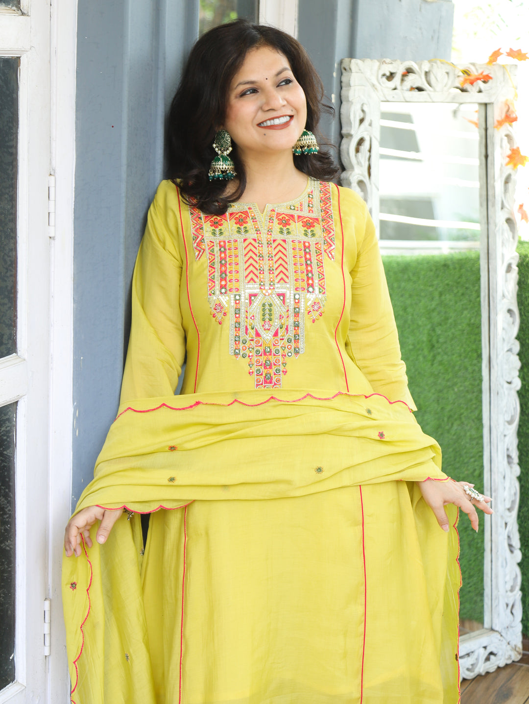 Kashviri Butter Yellow Embroidered Panel Style Mul Chanderi 3 Piece Set