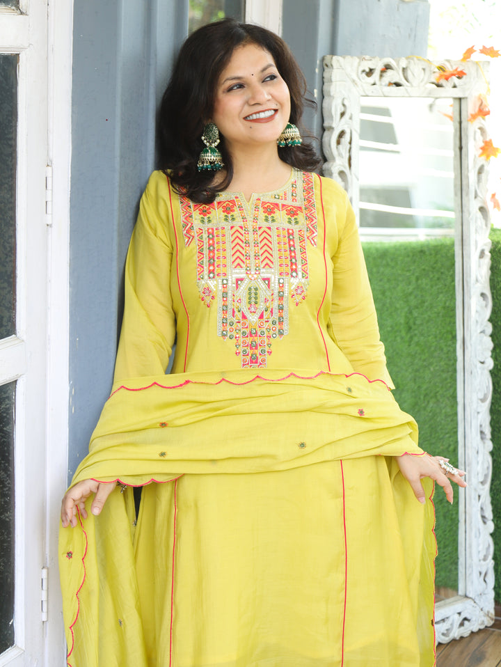 Kashviri Butter Yellow Embroidered Panel Style Mul Chanderi 3 Piece Set