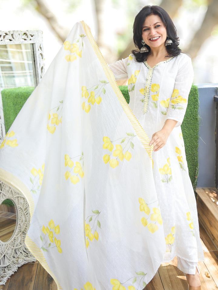 Bella White with Yellow Floral Mul Cotton 3 Piece Set