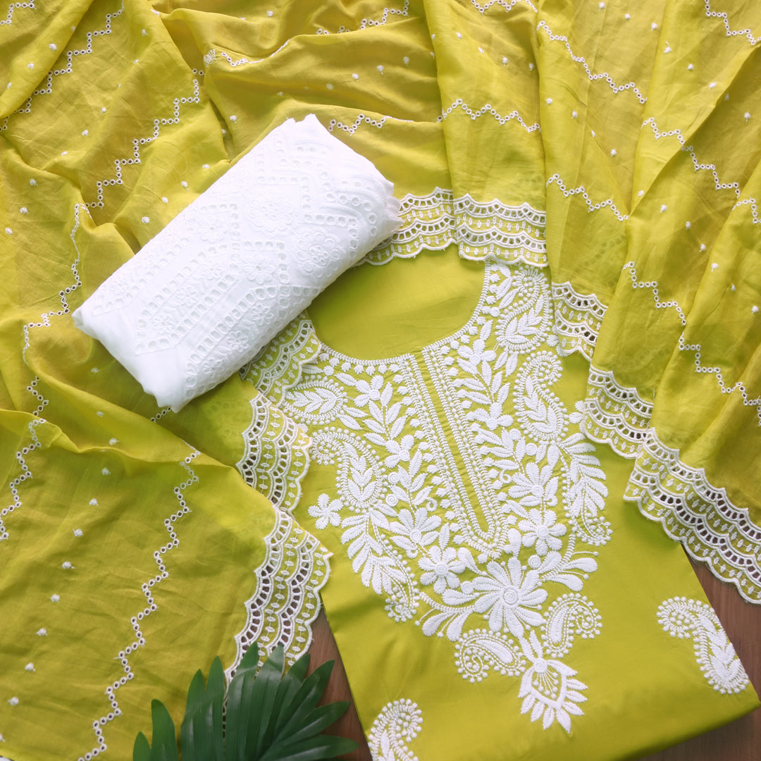 Nadaani Lemon Yellow Chikankari Inspired Neck Thread Work Cotton Suit Set