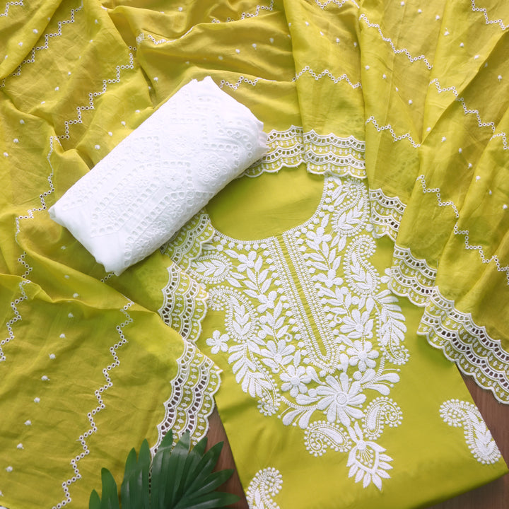 Nadaani Lemon Yellow Chikankari Inspired Neck Thread Work Cotton Suit Set