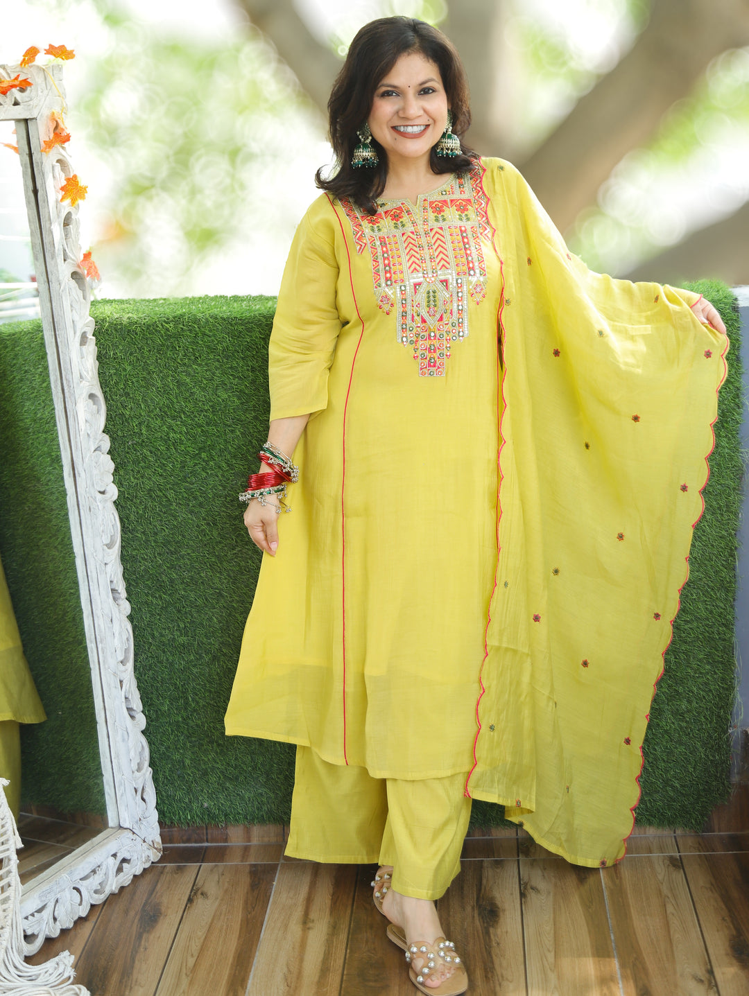 Kashviri Butter Yellow Embroidered Panel Style Mul Chanderi 3 Piece Set