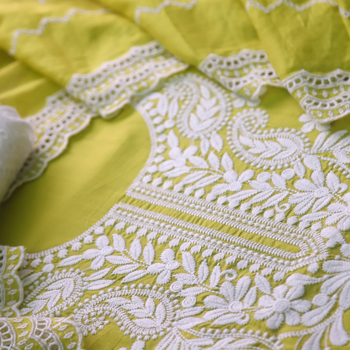 Nadaani Lemon Yellow Chikankari Inspired Neck Thread Work Cotton Suit Set