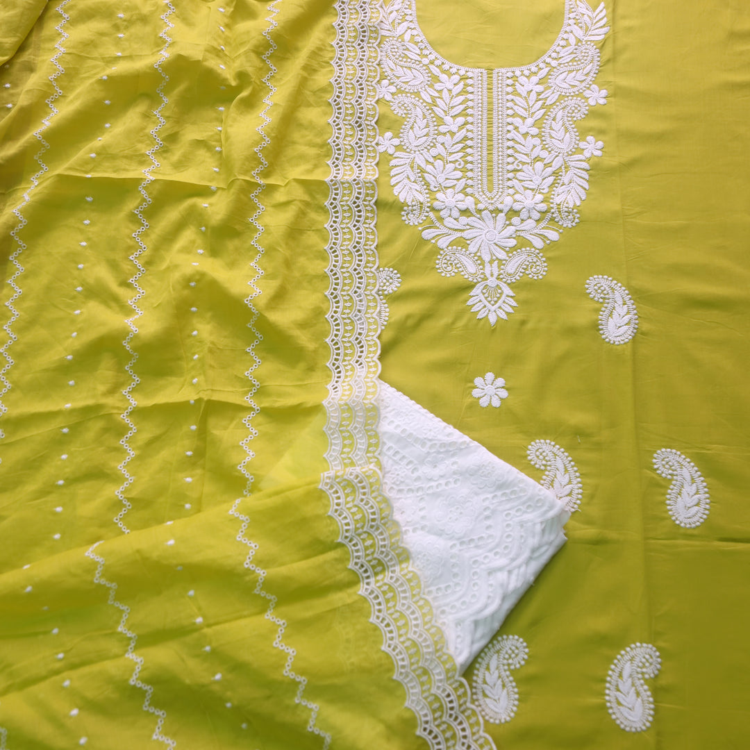 Nadaani Lemon Yellow Chikankari Inspired Neck Thread Work Cotton Suit Set