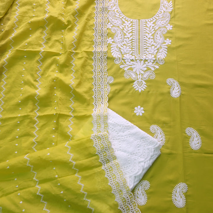 Nadaani Lemon Yellow Chikankari Inspired Neck Thread Work Cotton Suit Set