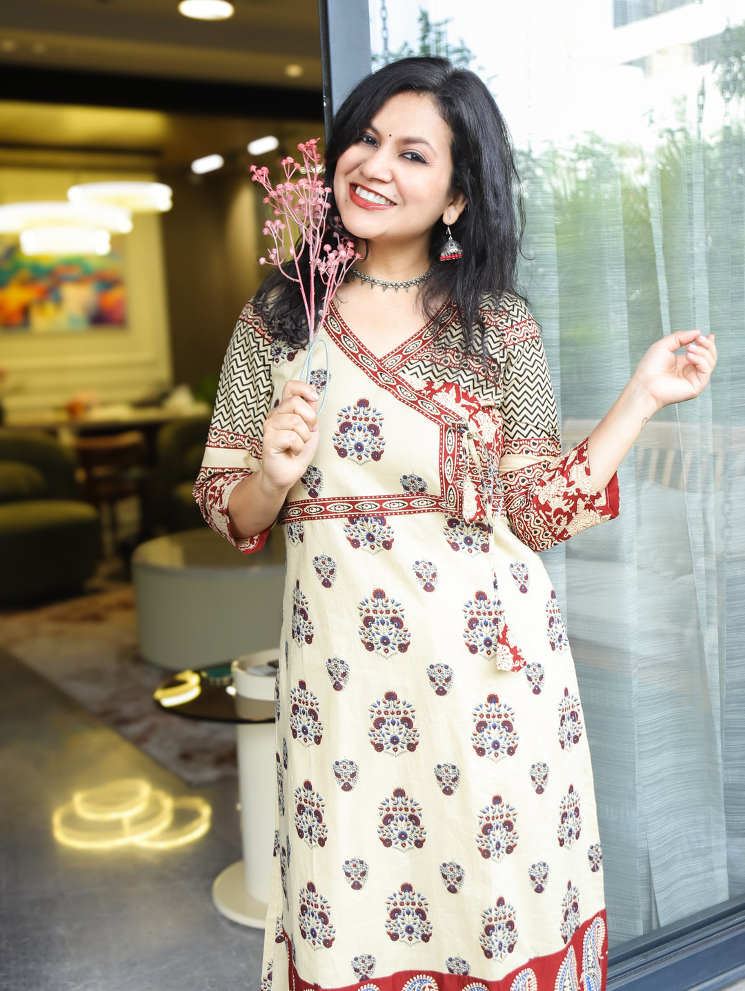 Zyara Beige Block Ajrakh Angrakha A-line Cotton Kurti