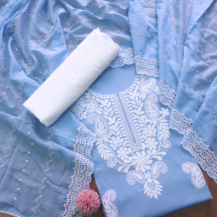Nadaani Solid Blue Chikankari Inspired Neck Thread Work Cotton Suit Set