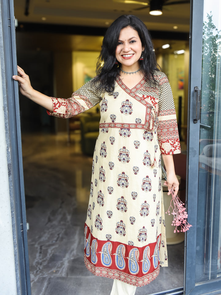 Zyara Beige Block Ajrakh Angrakha A-line Cotton Kurti