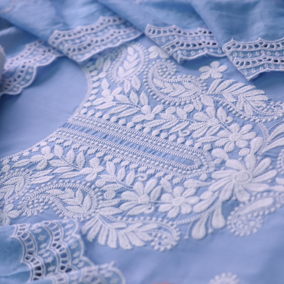 Nadaani Solid Blue Chikankari Inspired Neck Thread Work Cotton Suit Set