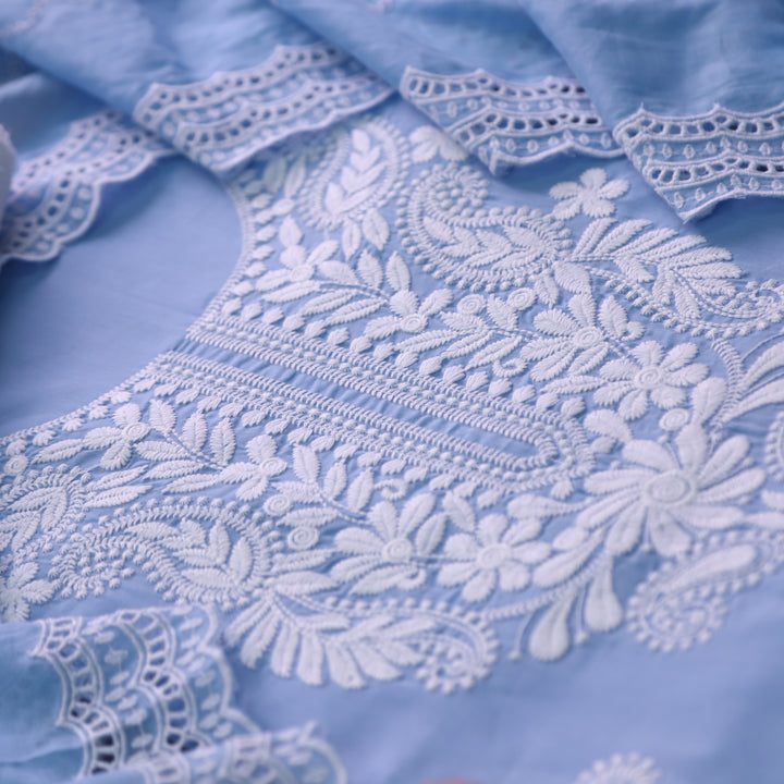 Nadaani Solid Blue Chikankari Inspired Neck Thread Work Cotton Suit Set