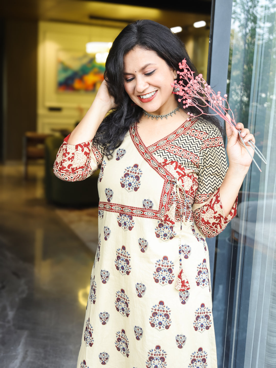Zyara Beige Block Ajrakh Angrakha A-line Cotton Kurti