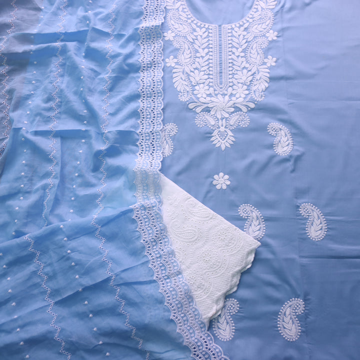 Nadaani Solid Blue Chikankari Inspired Neck Thread Work Cotton Suit Set