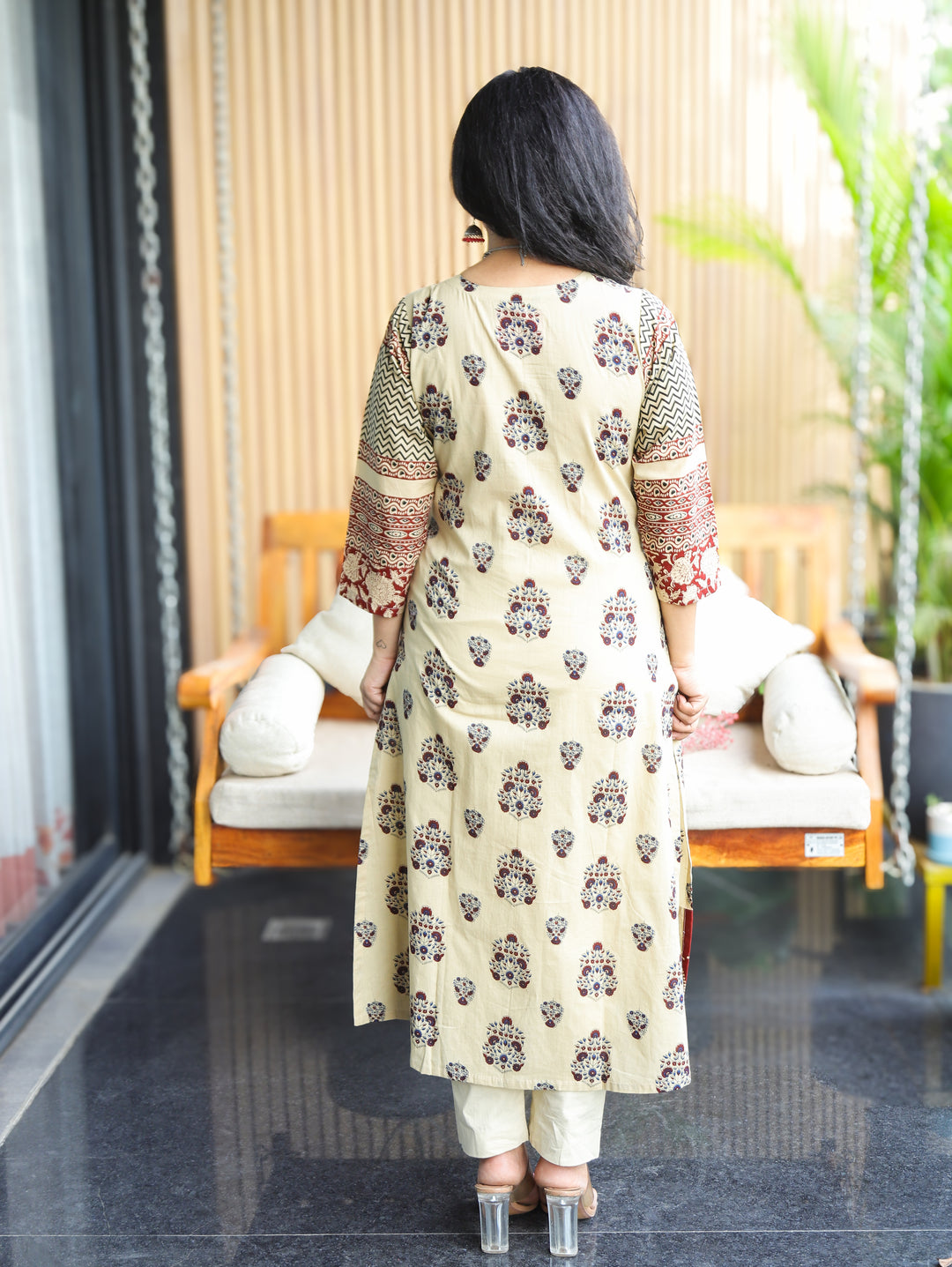 Zyara Beige Block Ajrakh Angrakha A-line Cotton Kurti