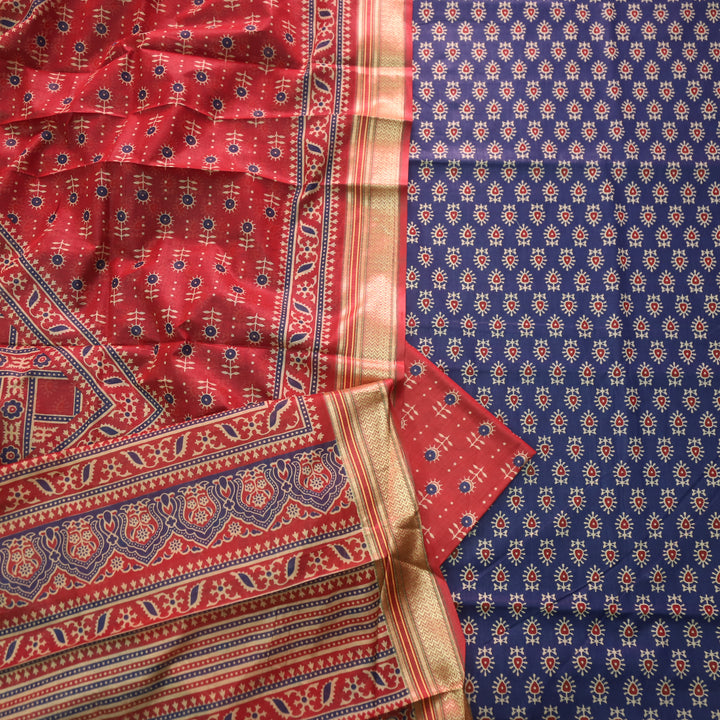 Nandani Denim Blue Buti Printed in Mangalgiri Hem Work Cotton Suit Set