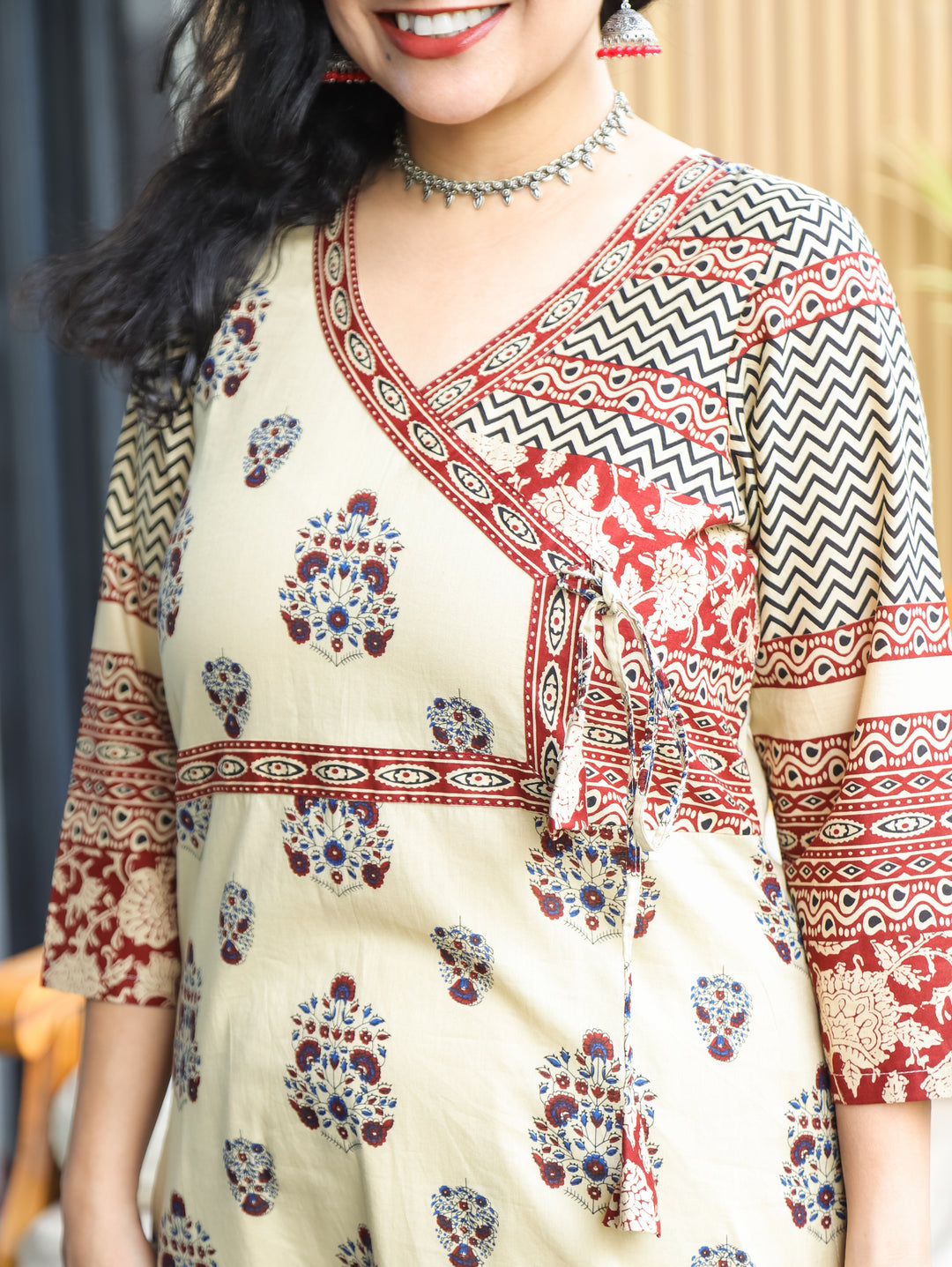 Zyara Beige Block Ajrakh Angrakha A-line Cotton Kurti
