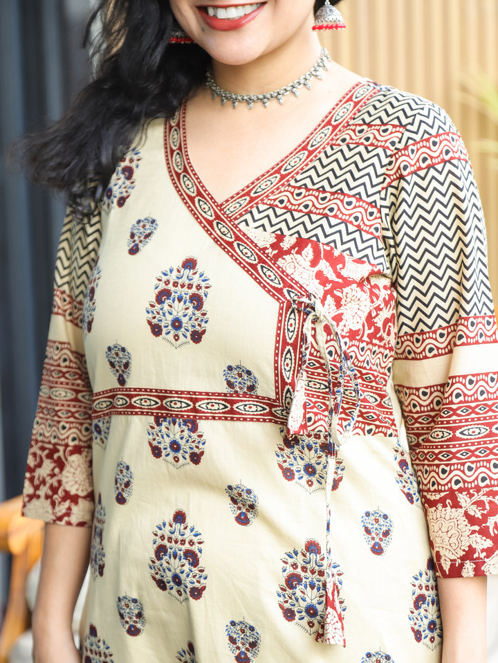 Zyara Beige Block Ajrakh Angrakha A-line Cotton Kurti